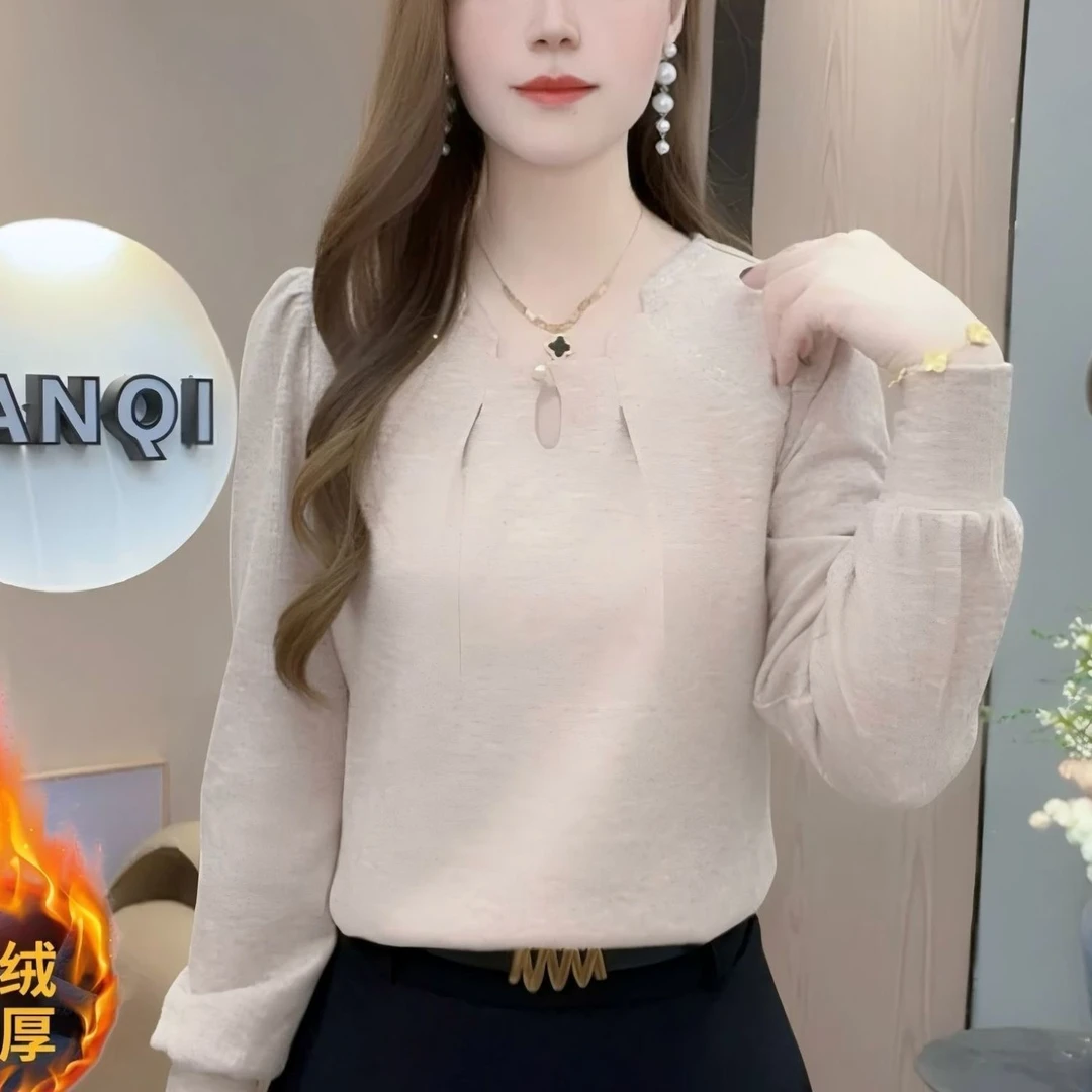 加绒加厚冬季蕾丝亮片法式女上衣打底衫不规则时尚设计感外穿小衫