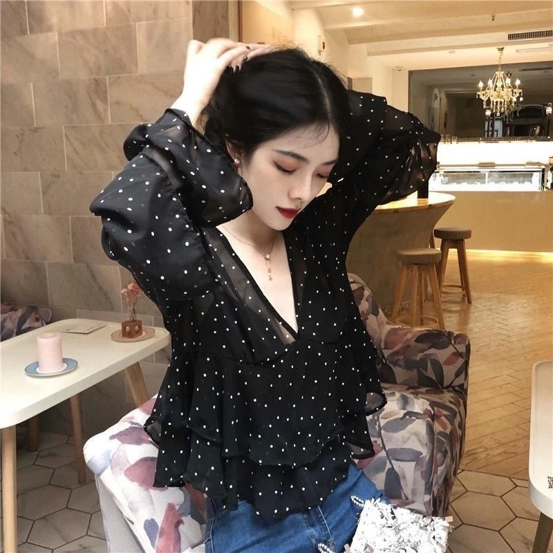 凉爽夏季新款复古星星波点印花领雪纺衫纺衫长袖黑色宽松百搭上衣