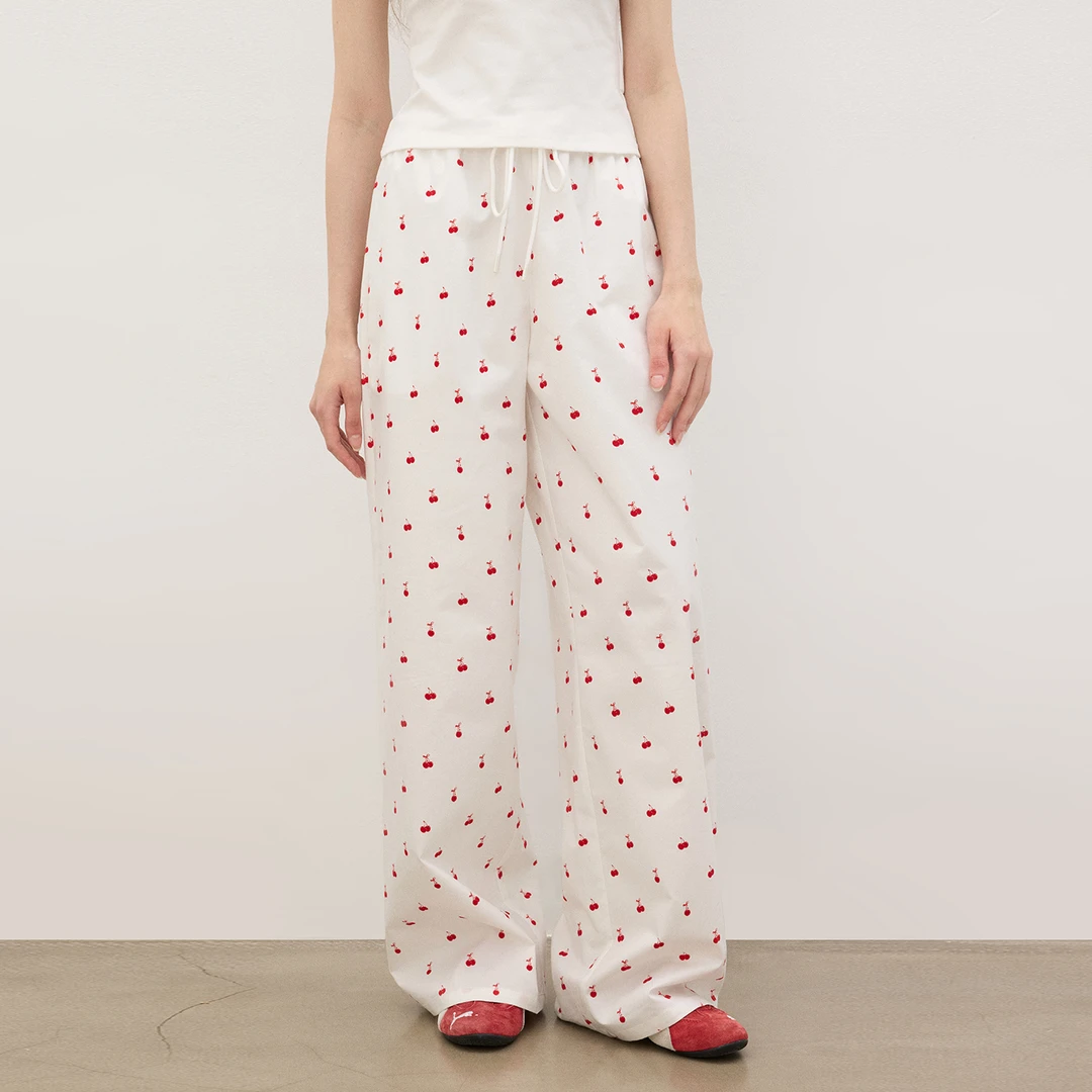 【鞠婧祎同款】樱桃KIRSH 韩系满印小樱桃休闲裤慵懒甜美宽松阔腿裤