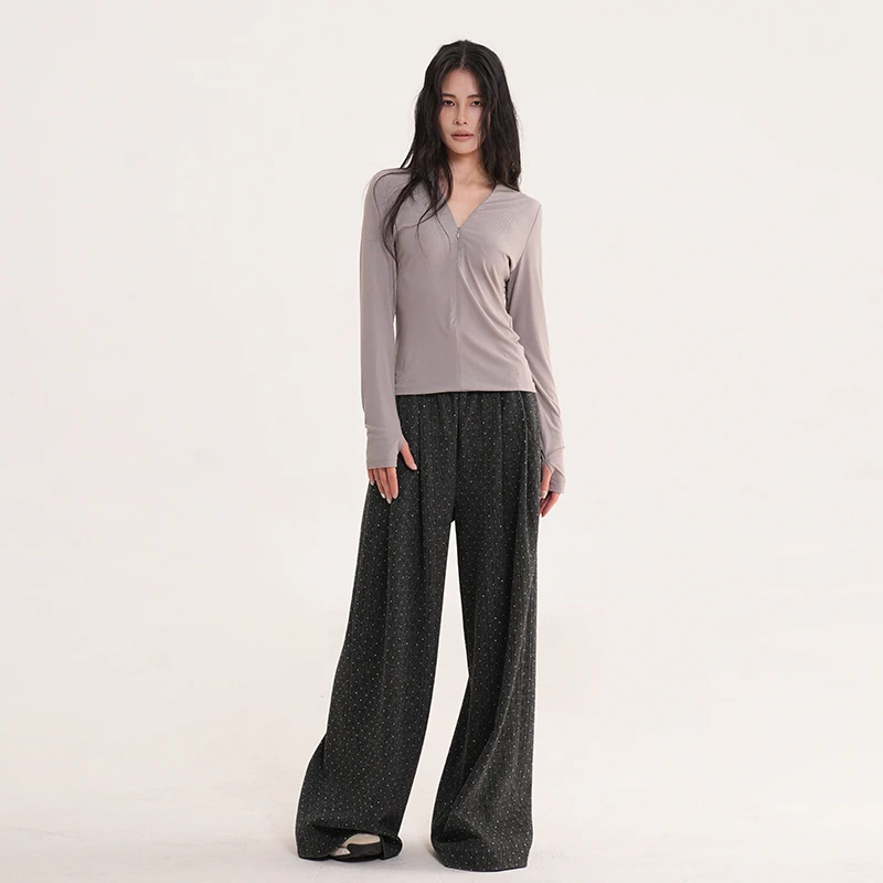 BAZAN/芭赞纯色烫钻阔腿裤长裤休闲裤时尚条纹印花休闲春季百搭