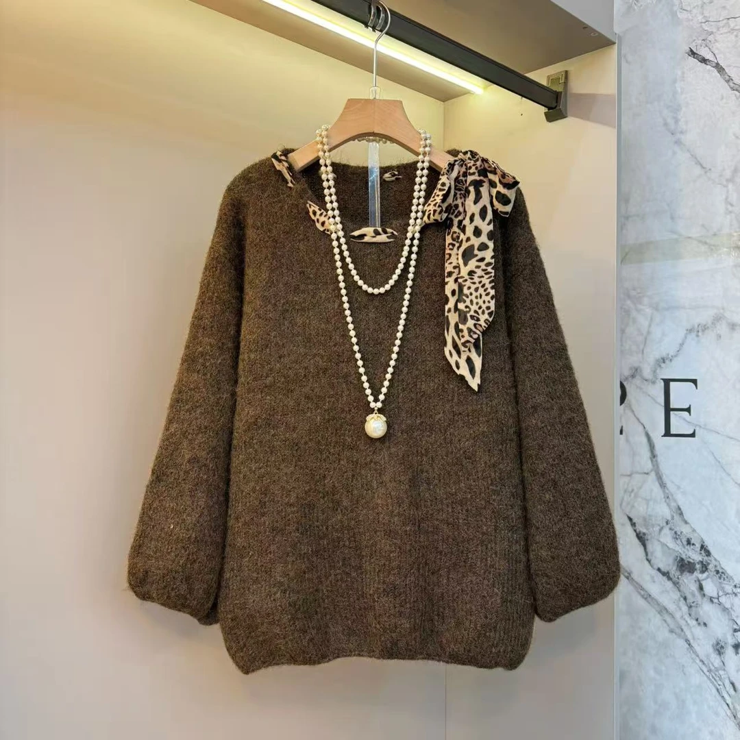 2025欧货大码洋气针织拼接豹纹系带设计毛衣洋气胖mm显瘦上衣