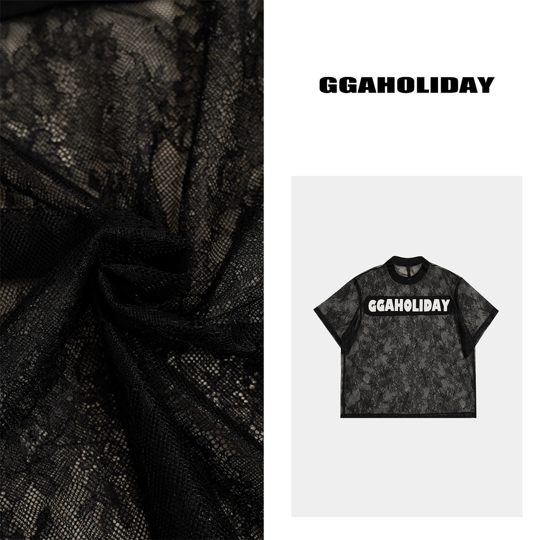 GGAHOLIDAY美式复古宽松休闲时尚透气蕾丝两面穿短袖T恤-152212