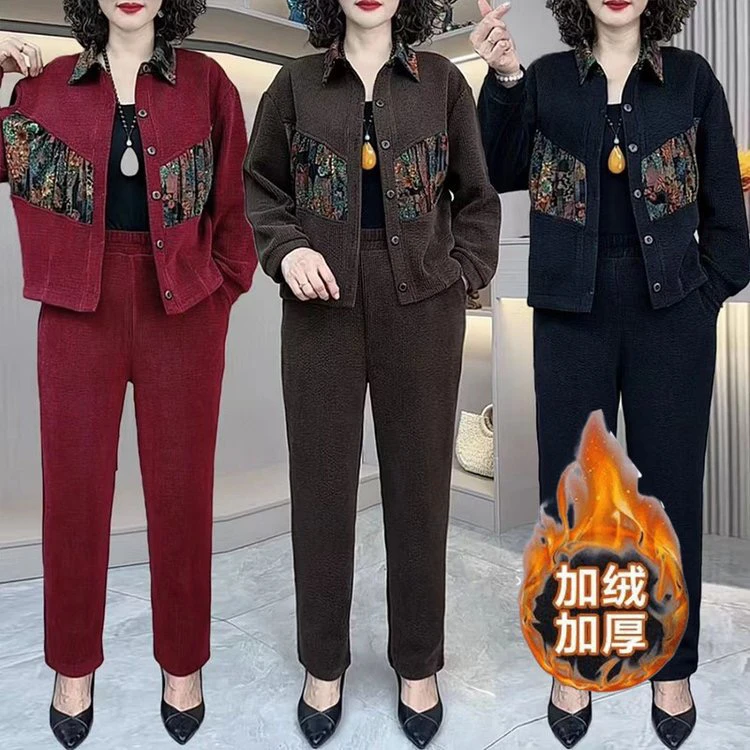 春秋新款欧棉绒拼接国风图案时尚洋气显瘦妈妈装套装