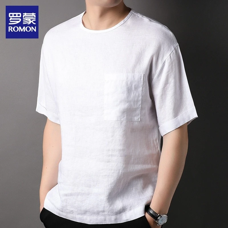 罗蒙纯色亚麻短袖t恤男士中国风夏季薄款宽松圆领棉麻半袖上衣男