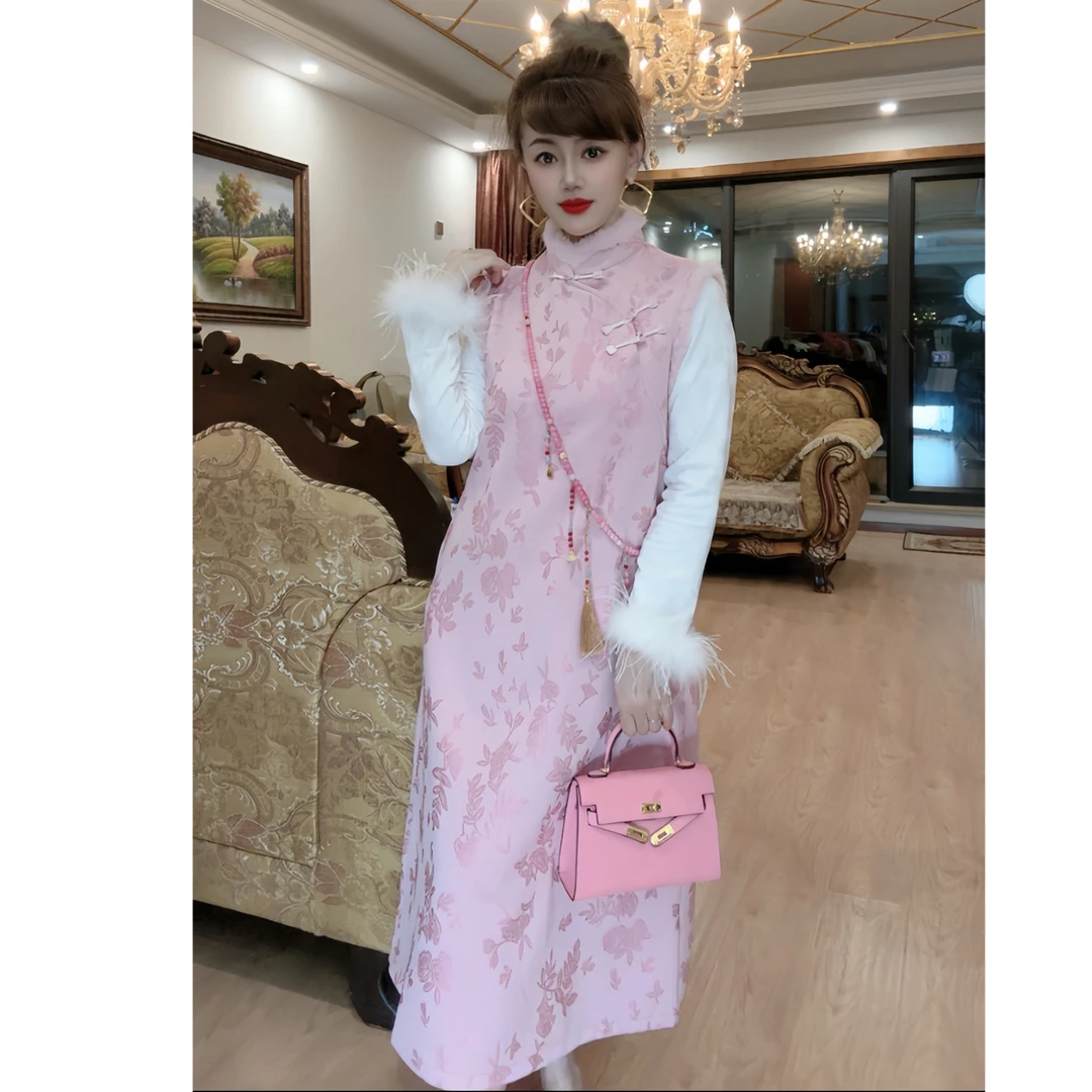 ［粉色佳人］冬季新款国风加绒加厚旗袍裙无袖长裙