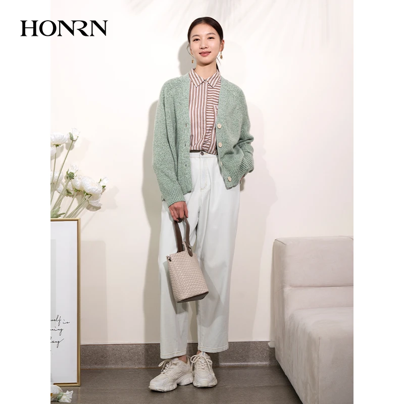 HONRN/红人时尚宽松v领毛衣针织衫开衫外套上衣女春秋款HI11OM536