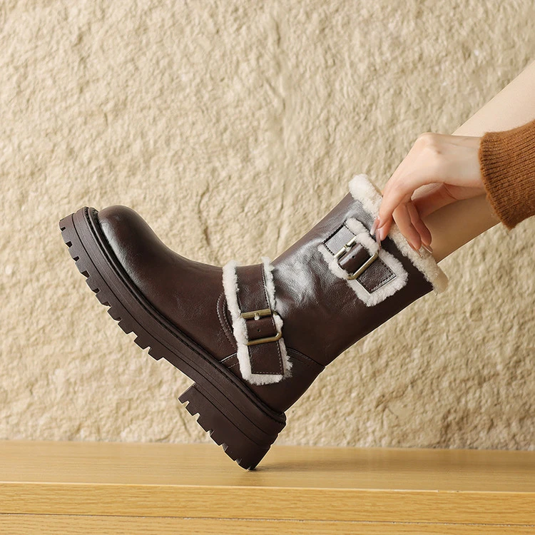 真皮厚底增高马丁靴毛毛短靴2025新款秋冬靴子女加绒保暖切尔西靴