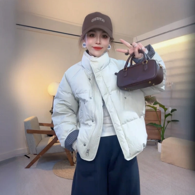 韩系2025冬季新款格子拼接立领羽绒服女时尚休闲保暖白鸭绒外套潮