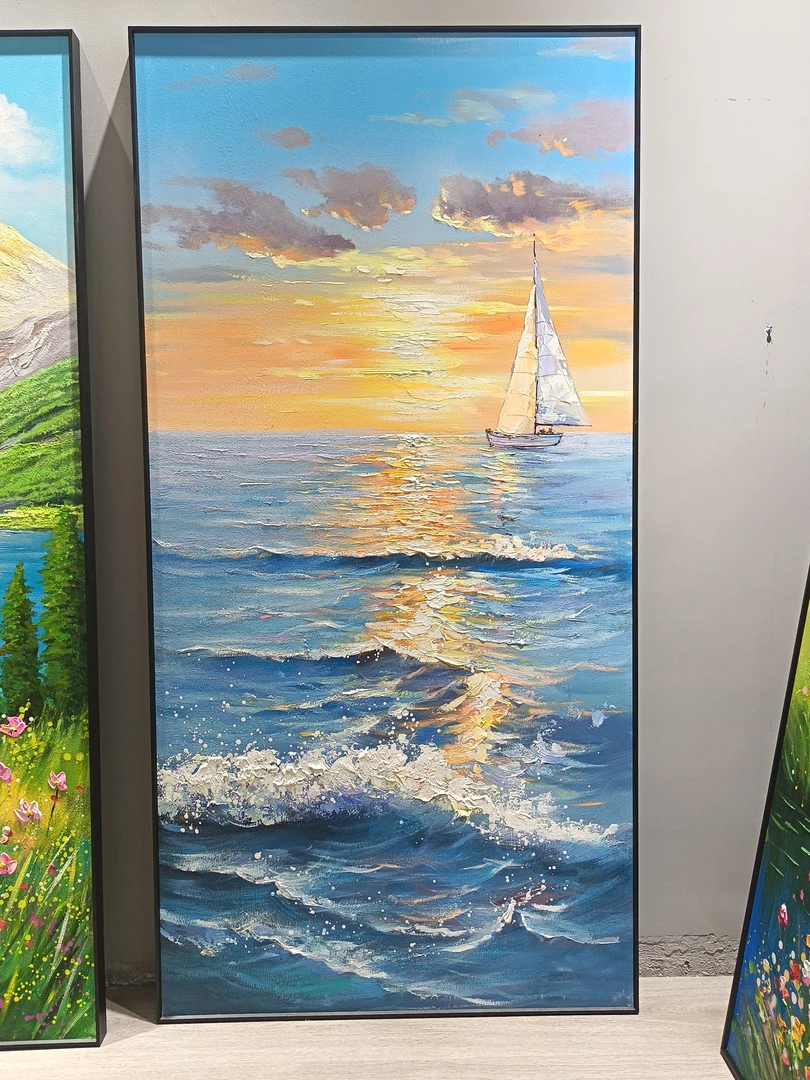 《旭日东升》玄关装饰画竖版海景日出一帆风顺手绘油画过道挂画