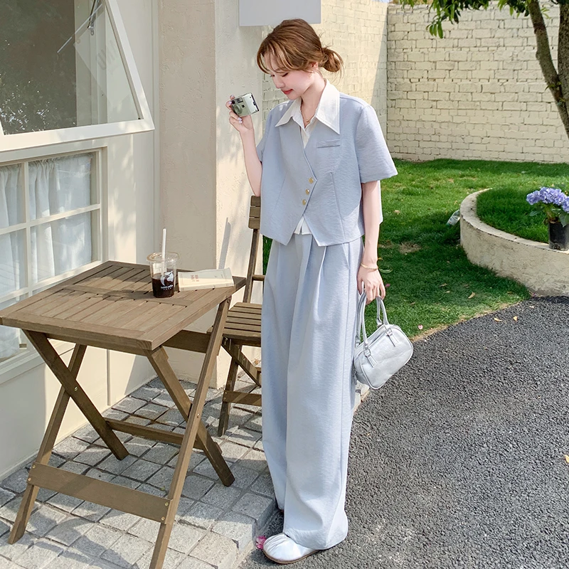 高级感假两件拼接西装套装裤女2025夏季新款气质通勤阔腿裤两件套