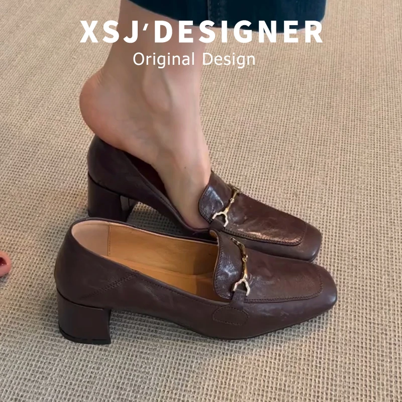 断码清仓单鞋女中跟2025春秋新款真皮复古英伦粗跟方头软底乐福鞋