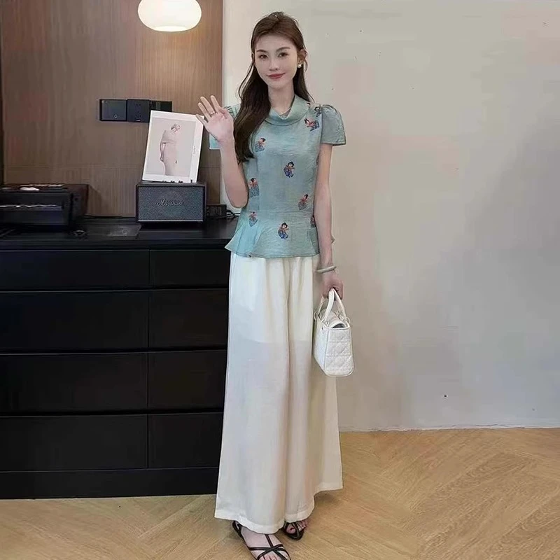 2025夏季新款洋气收腰显瘦小众百搭新中式印花短袖上衣时尚衬衫女