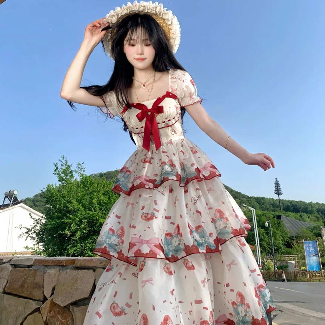 Blovelan糖心莓莓 夏季可爱超甜优雅田园系印花收腰蓬蓬蛋糕裙