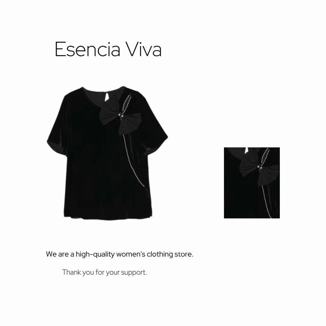 EV.【原创设计】100%桑蚕丝真丝丝绒胸口蝴蝶结女短袖T恤EVZZ0484