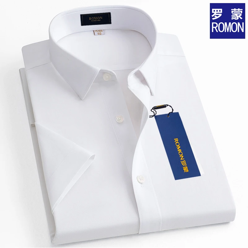 罗蒙纯棉短袖衬衫男士夏季薄款商务休闲中青年免烫白色爸爸装衬衣