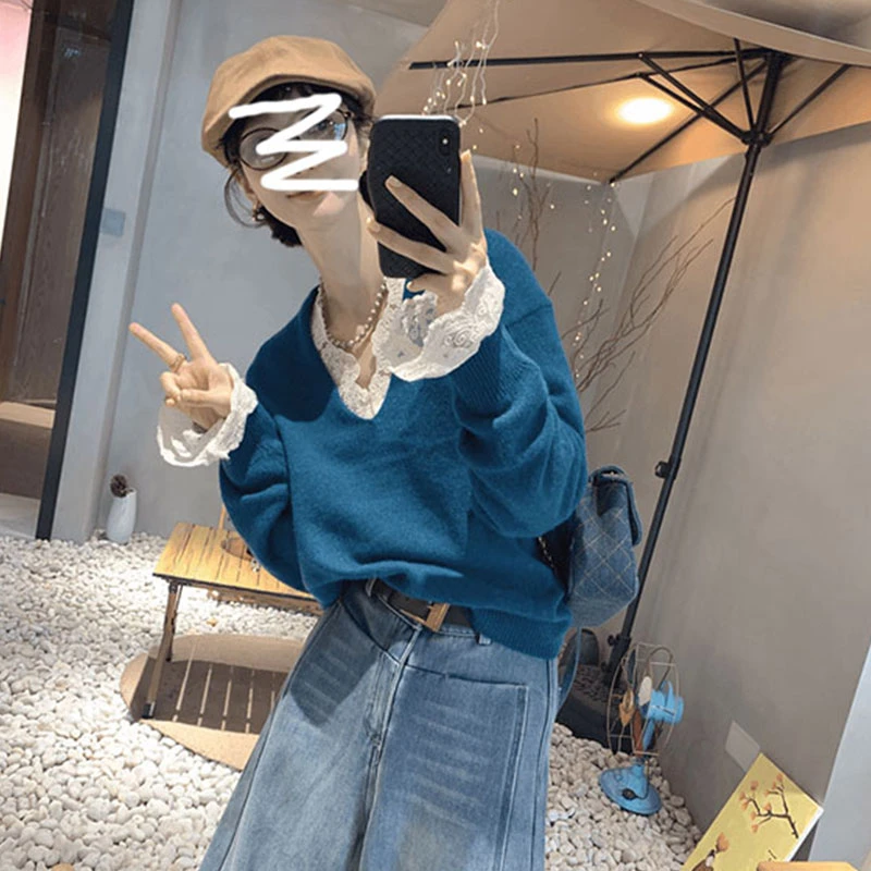 假两件蕾丝拼接针织毛衣女款2025春秋宽松慵懒风时尚洋气百搭上衣