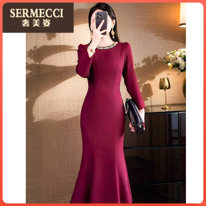 2025秋季奢美姿洋气上档次酒红色修身包臀荷叶边鱼尾连衣裙