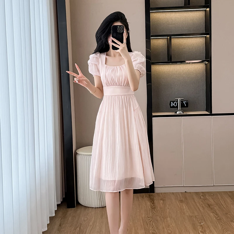 2025年小个子方领时尚收腰显瘦法式初恋温柔茶歇女装仙女连衣裙夏