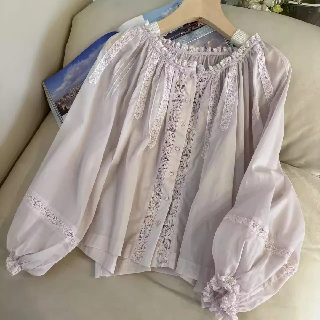 微笑向暖 轻奢高级感少女显瘦百搭淡紫色蕾丝拼接上衣衬衫防晒衫
