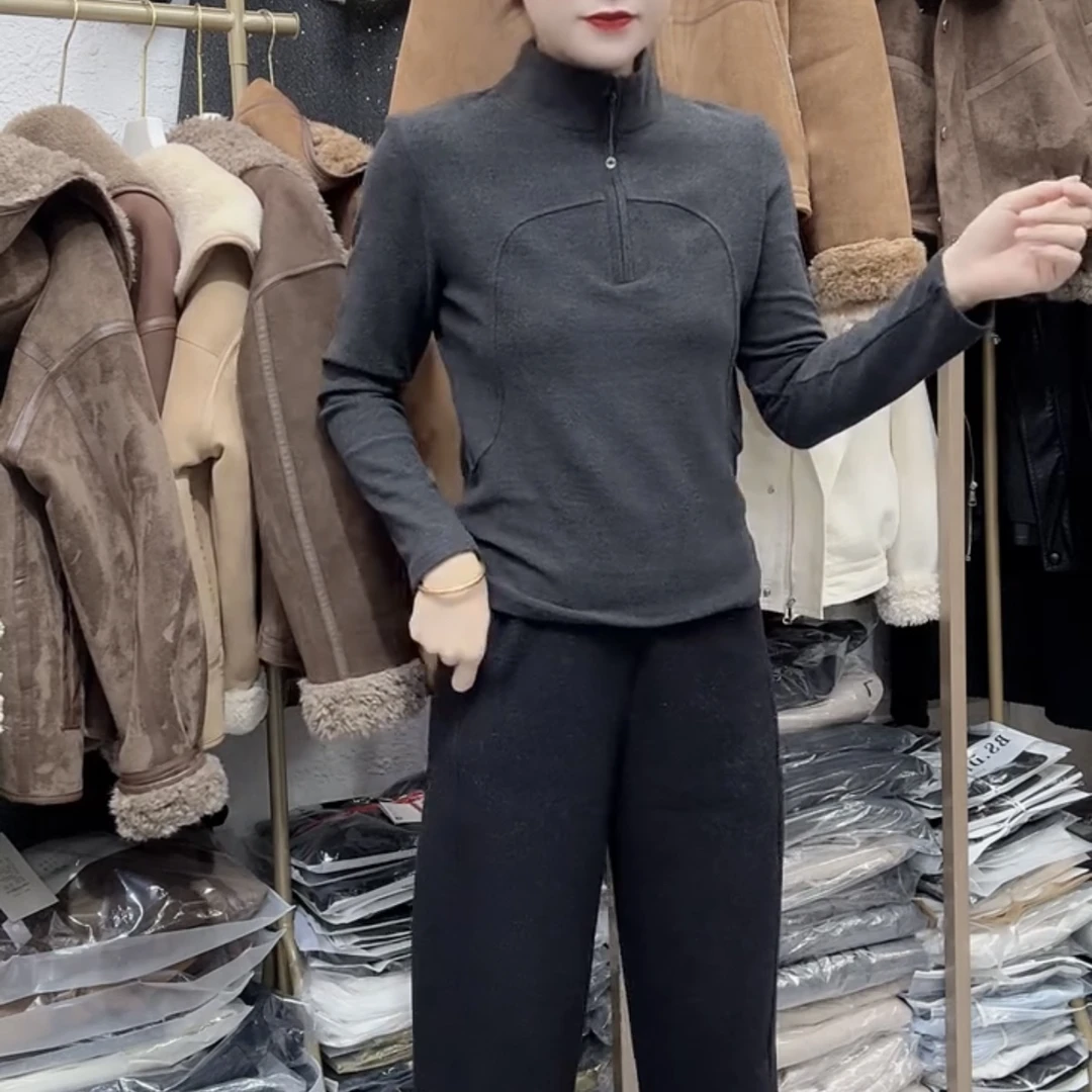 冬季新款双面磨毛德绒立领长袖拉链女内搭打底衫