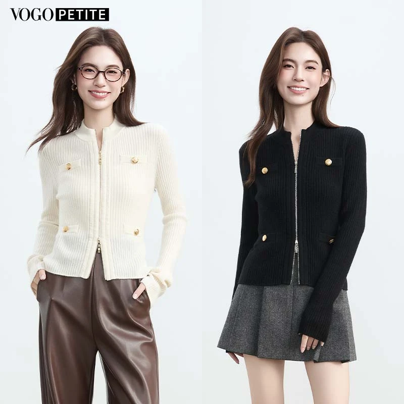VogoPetite【星线好物】100%山羊绒金属扣双开头拉链修身显瘦开衫