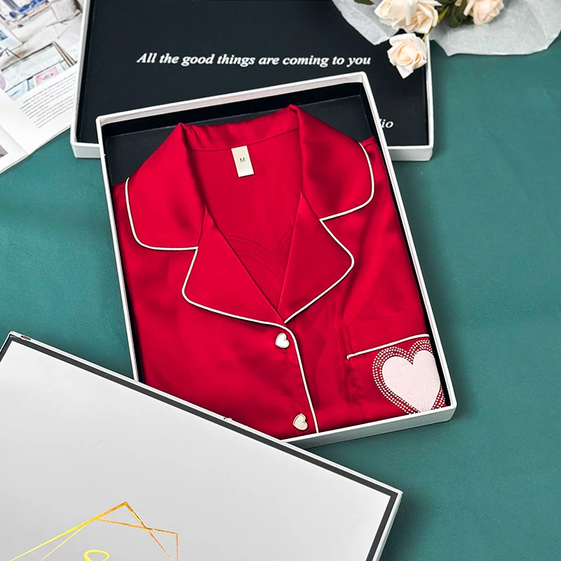 Sifuma/斯服玛《红色桃心》春秋丝质长袖睡衣可外穿家居服女两件套