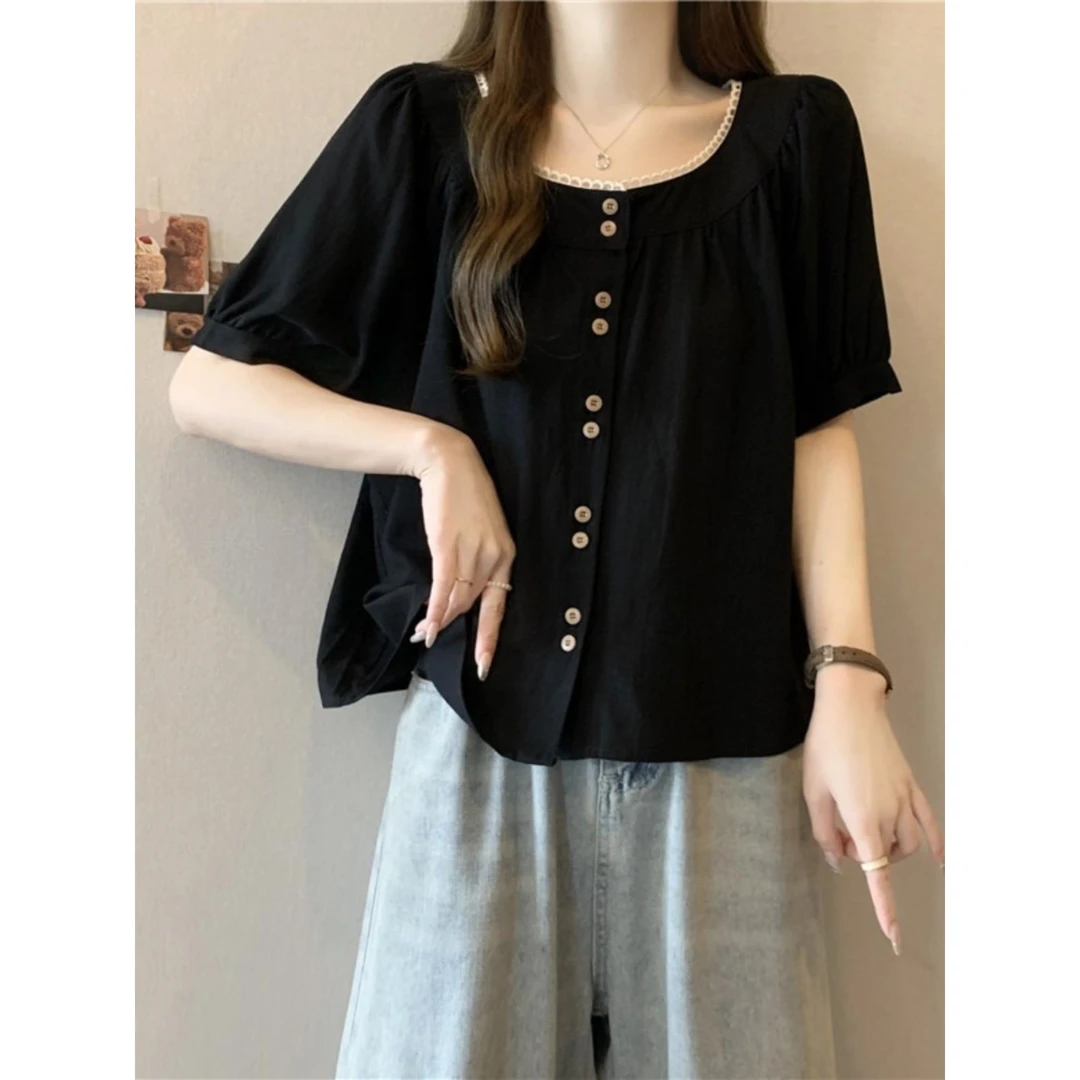 遮肚子花边方领别致短袖衬衫女夏季女款大码设计感娃娃衫上衣