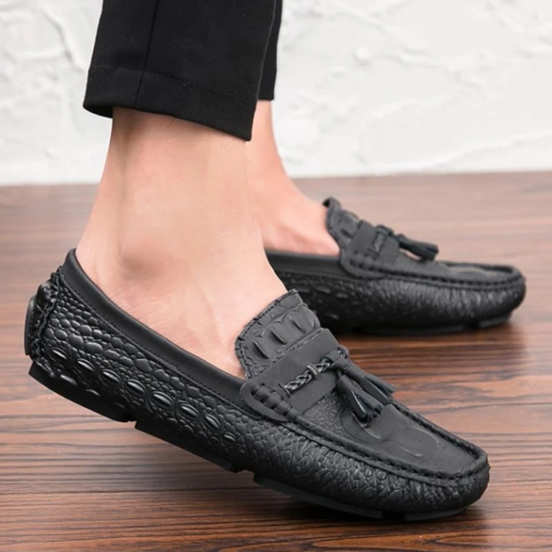 潮牌2025秋新款男鞋时尚休闲鳄鱼纹流苏真皮皮鞋韩版百搭豆豆鞋
