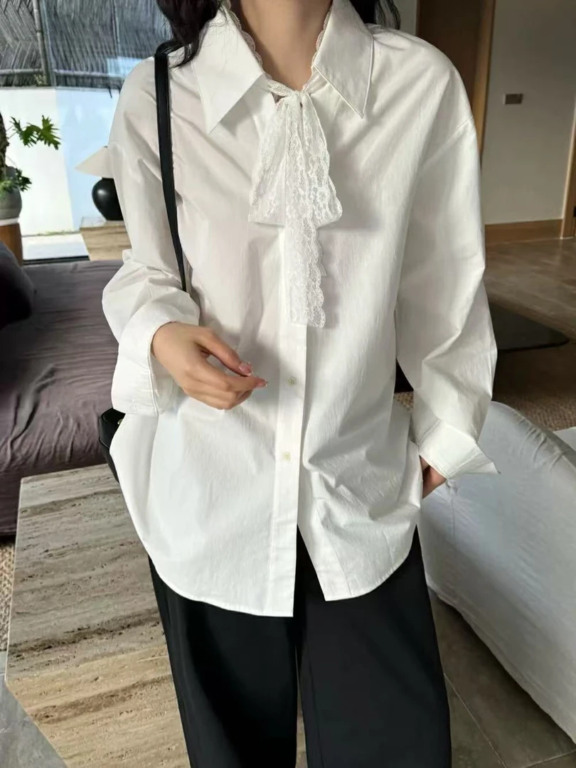 Datou 早春新款蕾丝系绳飘带小心机衬衫