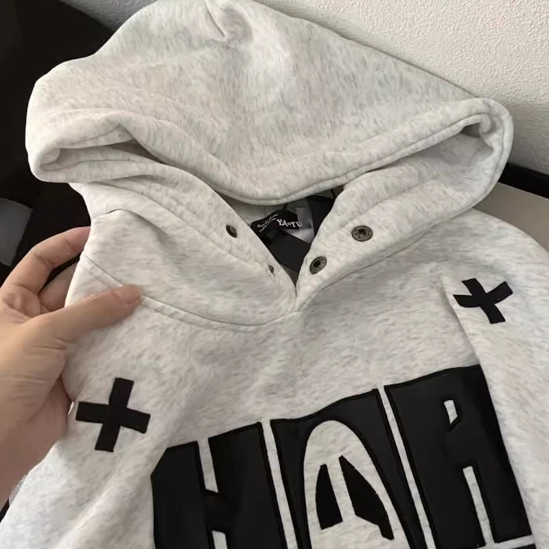 加绒加厚美式复古白灰色重工刺绣卫衣女秋冬季宽松oversize上衣服