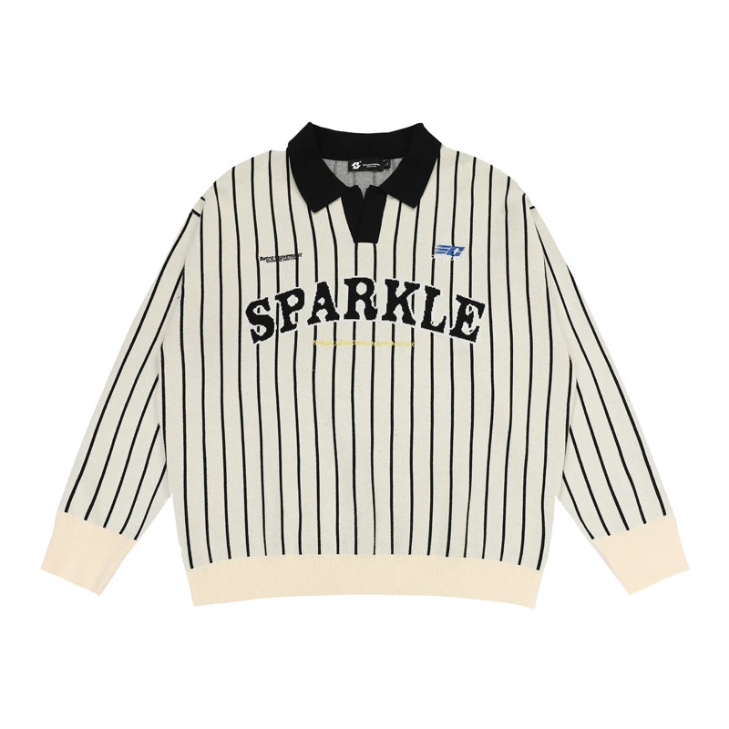 竖条纹撞色翻领毛衣男秋冬美式潮牌复古宽松运动慵懒风情侣针织衫