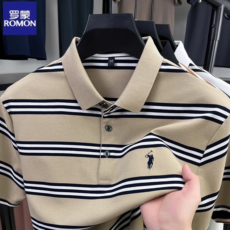 罗蒙短袖T恤男士翻领条纹夏季宽松休闲Polo衫百搭商务男装上衣服