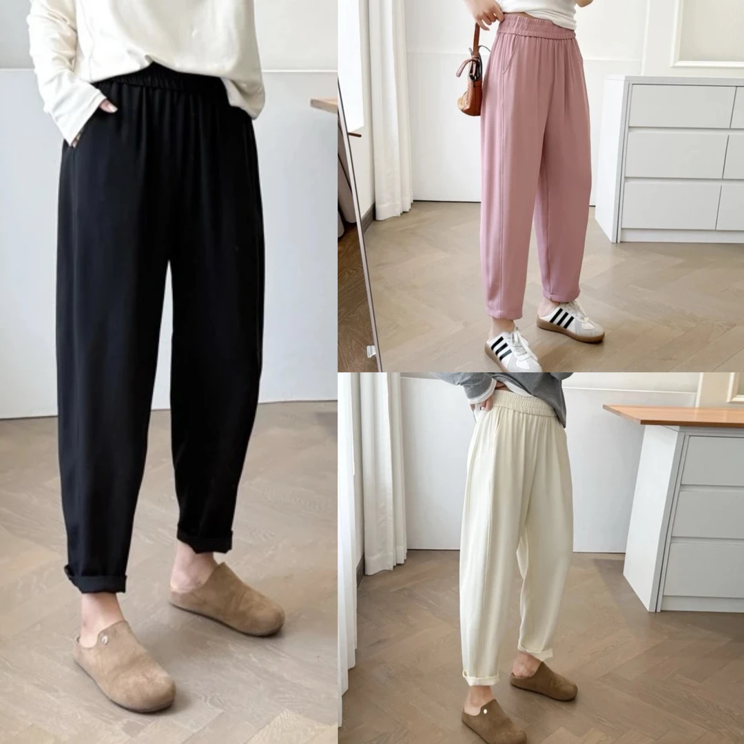 大码女装夏季薄款哈伦裤微弹力九分裤垂感宽松显瘦抖抖裤女凉凉裤