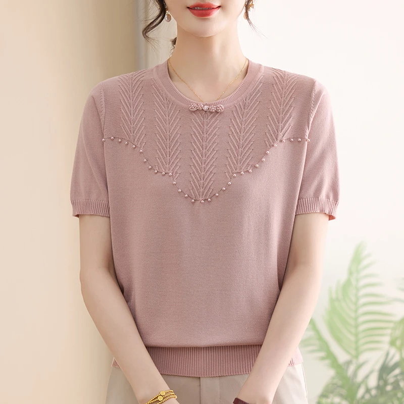 妈妈夏装2025新款冰丝短袖小衫洋气小个子妇女上衣中老年t恤2565