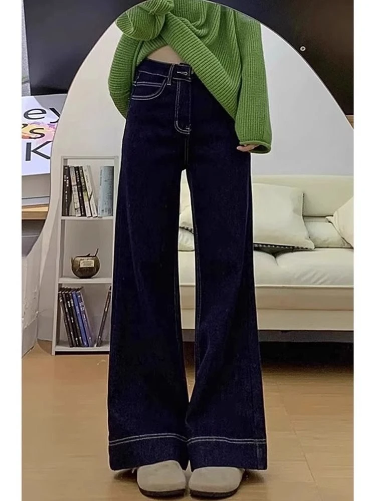 美式丹宁蓝阔腿牛仔裤女夏季新款宽松高腰显瘦修身防掉色拖地裤子