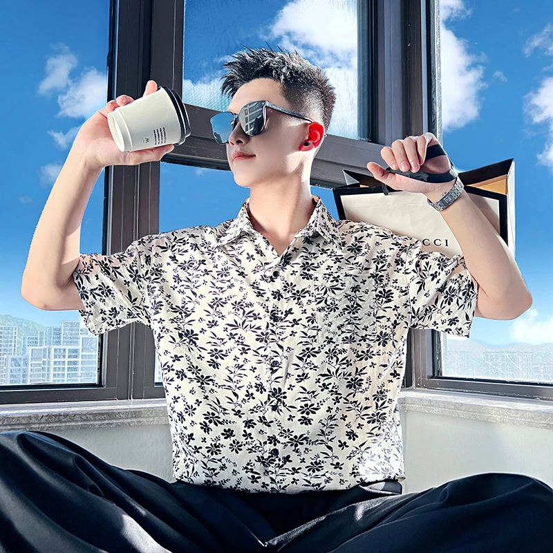 花衬衫夏季2025新款高级感男装寸衫英伦痞帅夏天男士短袖衬衣薄款