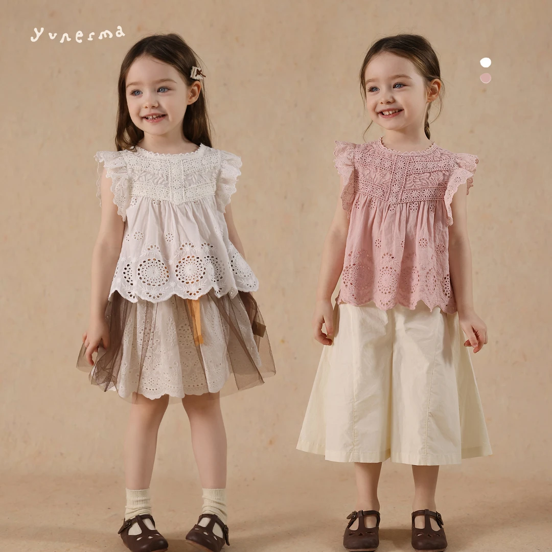 女童夏季小众气质蕾丝花边飞袖娃娃衫允儿妈2025新款短袖儿童上衣