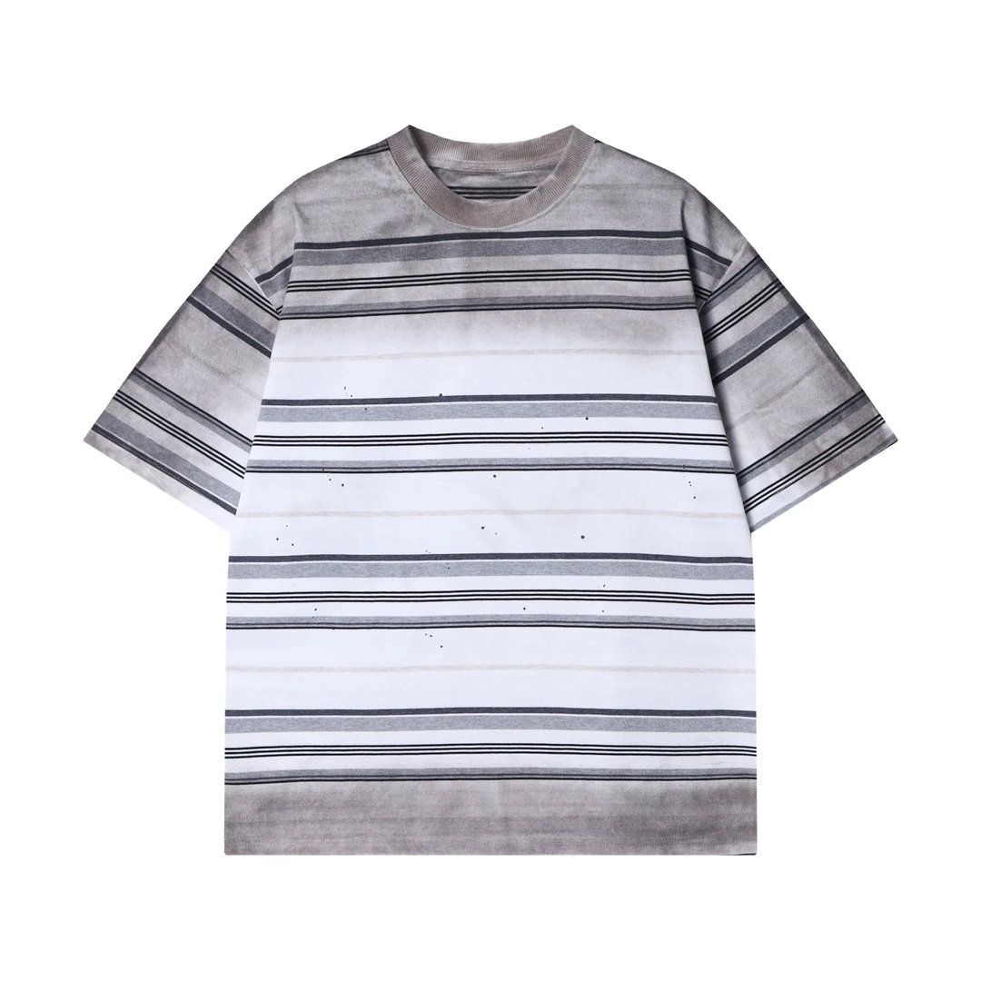 春夏新款时尚个性渐变条纹泼墨圆领半袖T恤潮流情侣百搭宽松上衣