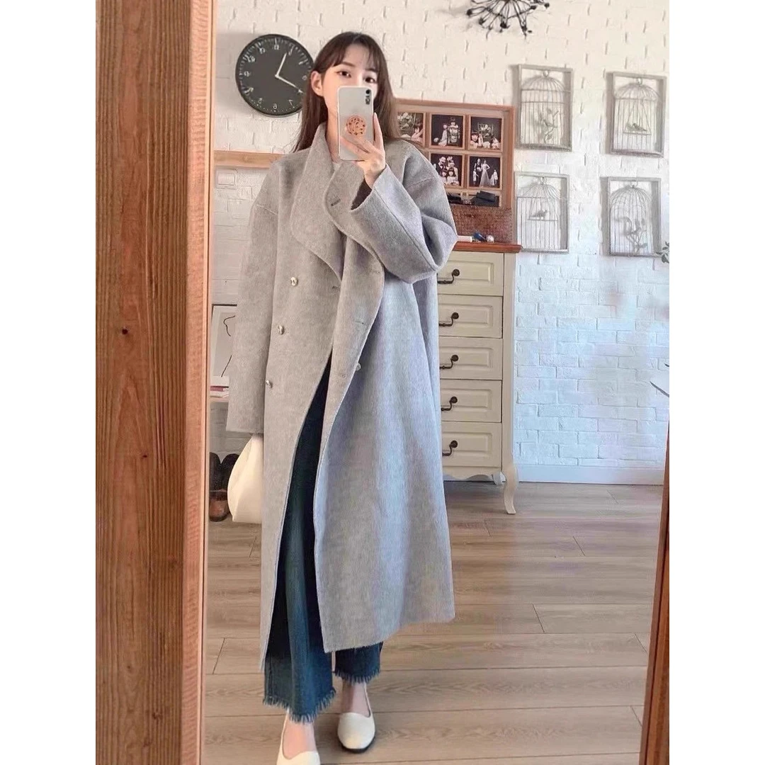 简约深灰色毛呢外套女冬季2025新款时尚双排扣过膝中长款呢大衣3