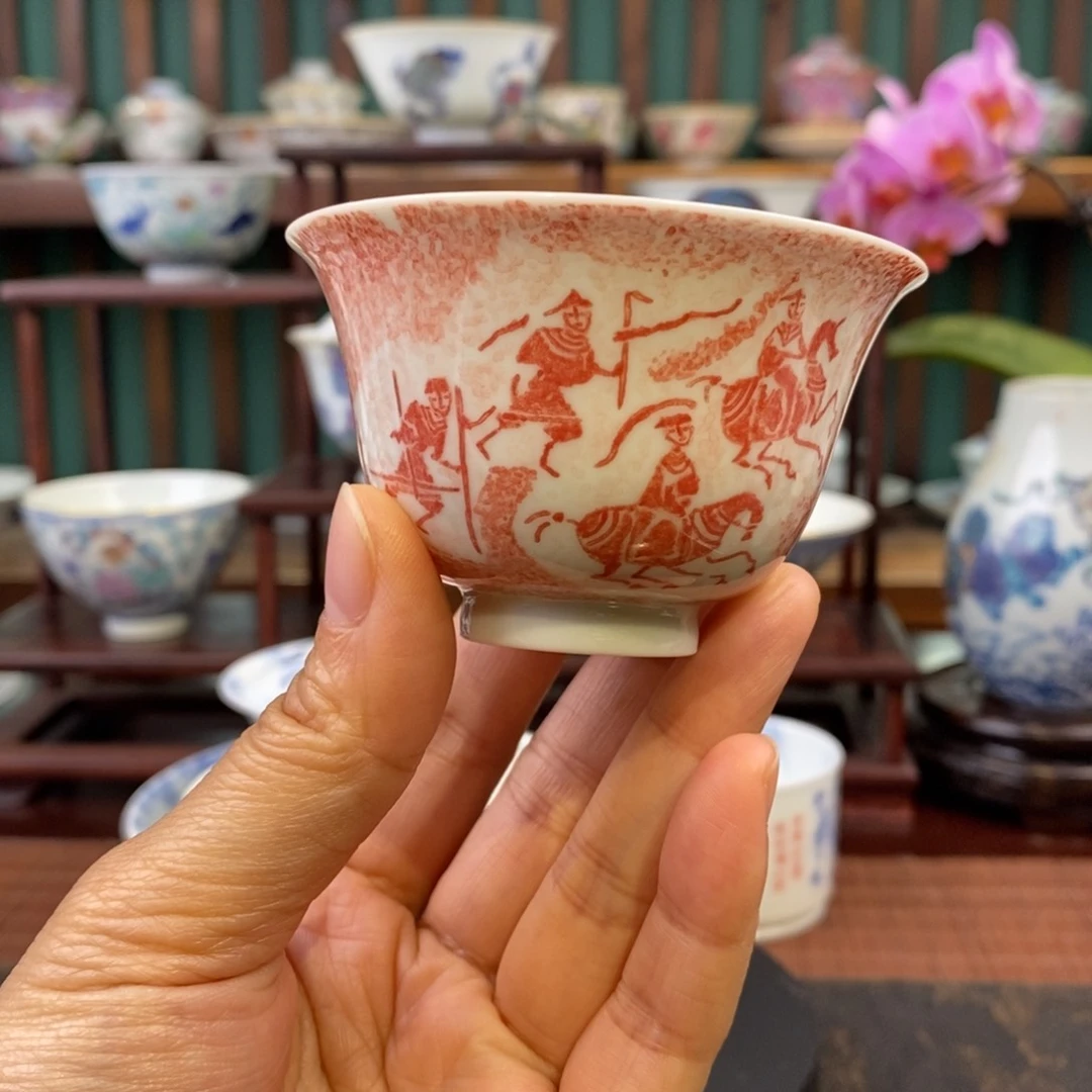 手工陶瓷柴窑拓片打仗撇口杯