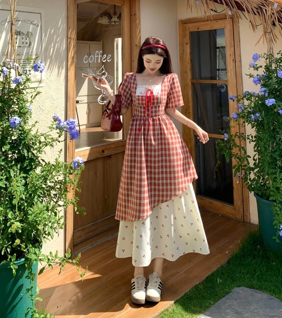 【颖颖专属清仓】 夏季胖MM红格子蕾丝拼接方领碎花裙摆连衣裙