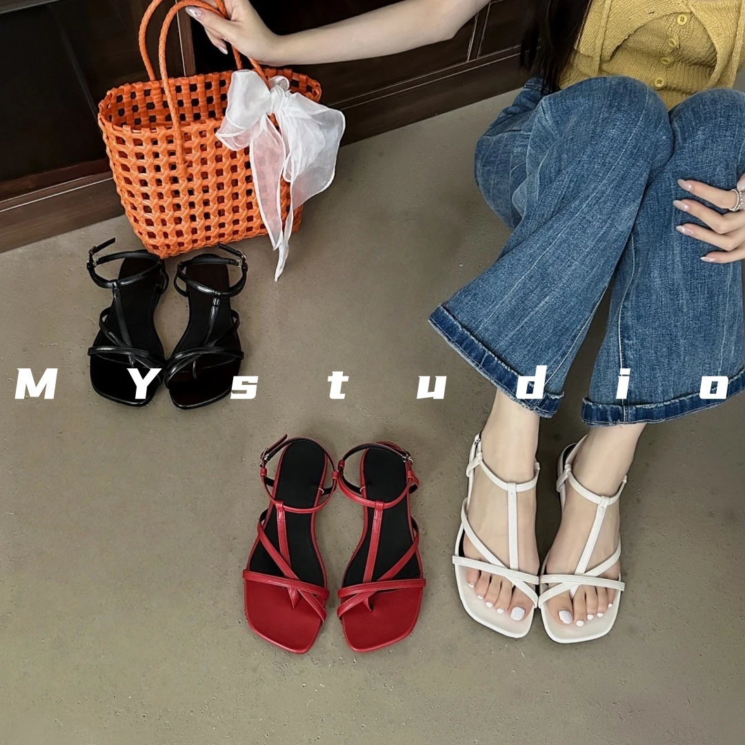 SLover77定制｜方头小众设计感法式夏季交叉细带优雅露趾罗马凉鞋