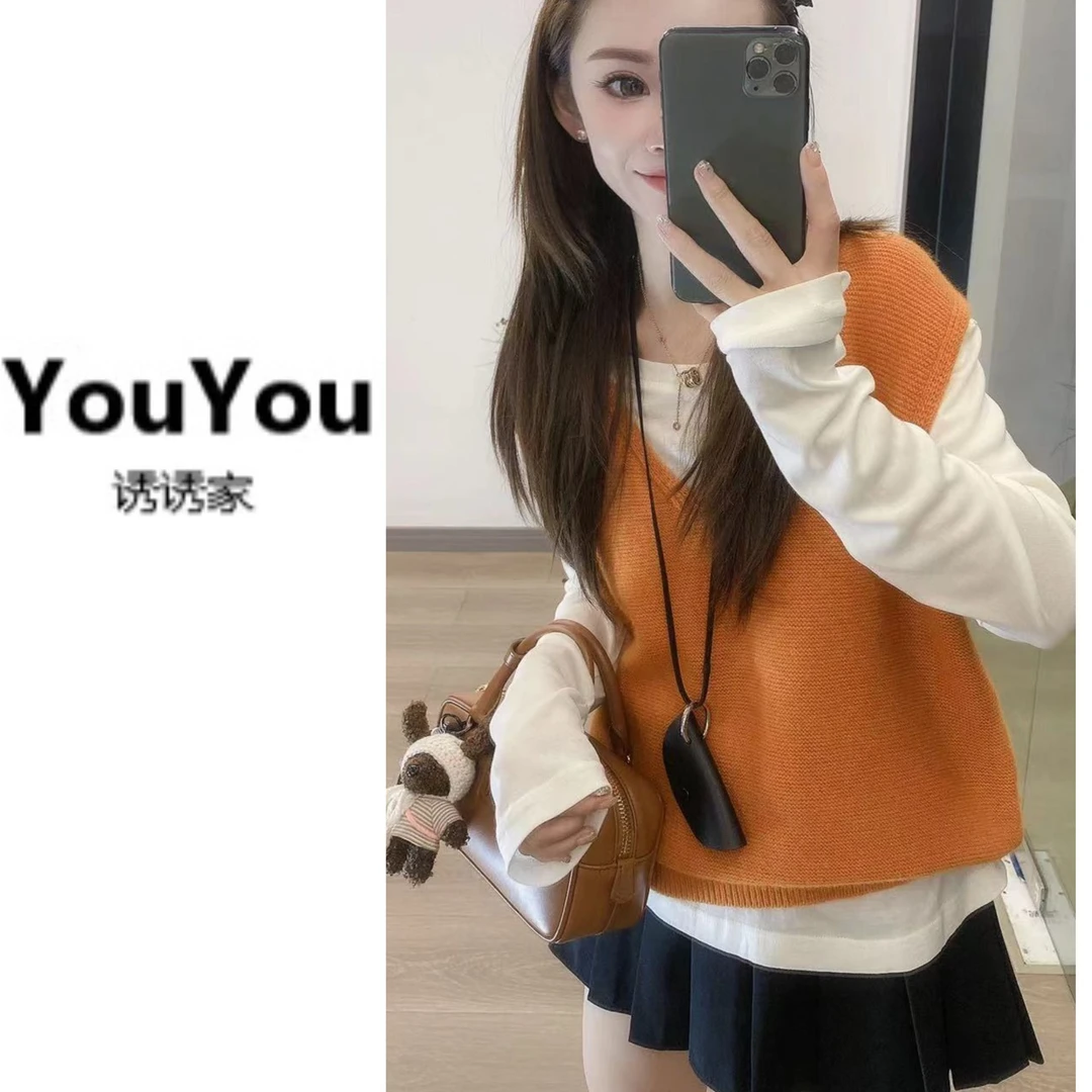 韩版v领无袖针织马甲女设计感独特绝美马甲叠穿（单独针织背心）