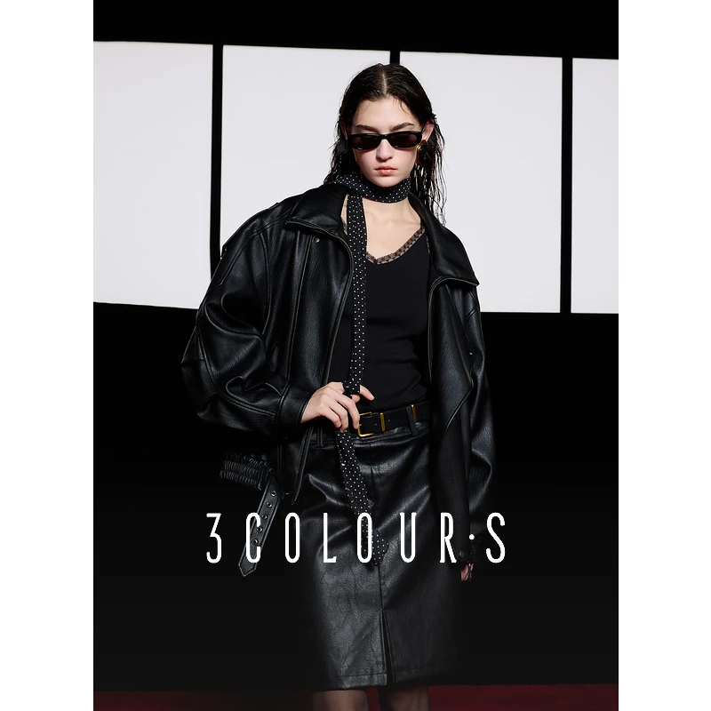 三彩2025春季新款荔枝纹PU皮衣翻领设计感外套宽松机能感S