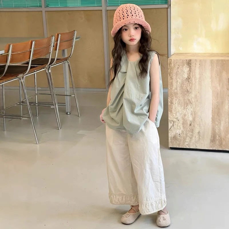 2025夏新款韩版女童简约设计感无袖娃娃衫衬衣儿童洋气全棉阔腿裤