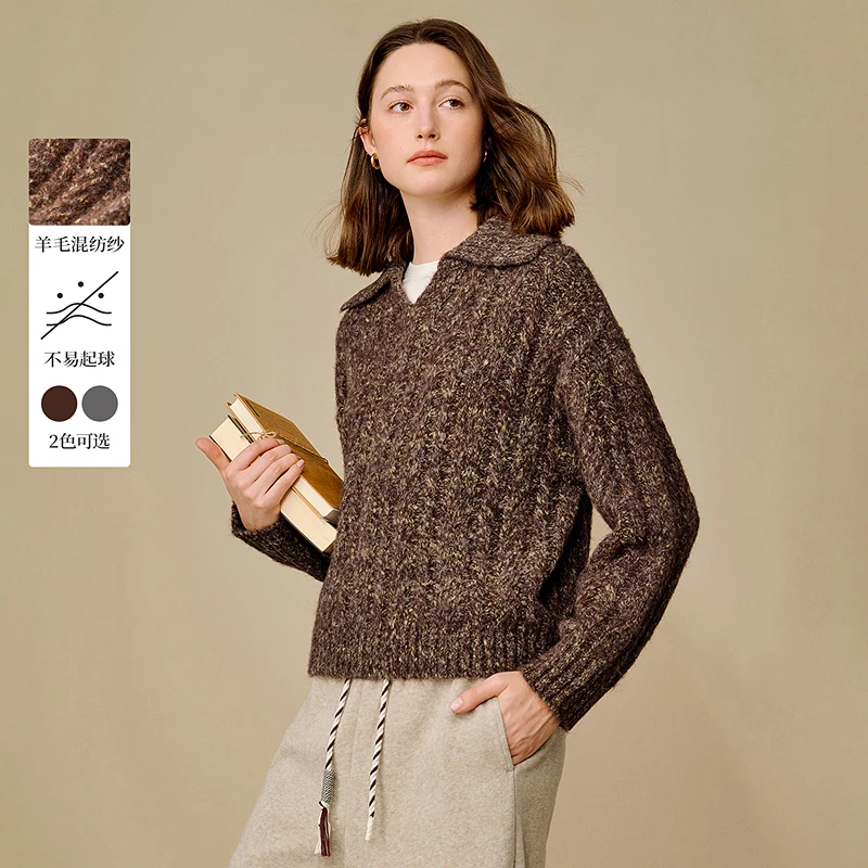 【年终狂欢季】茵曼25冬季简约通勤缎染POLO领毛衣长袖保暖针织衫