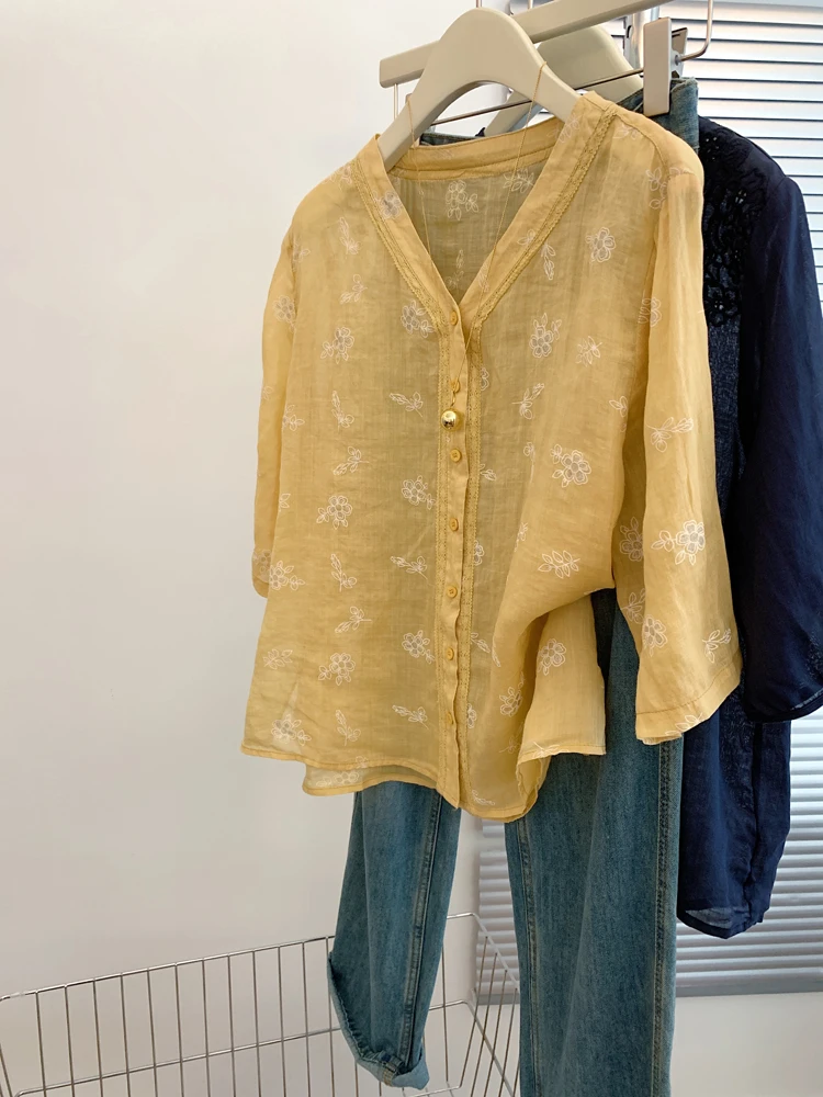 黄色减龄薄款刺绣防晒罩衫时尚显瘦七分袖衬衫2025夏季气质上衣女