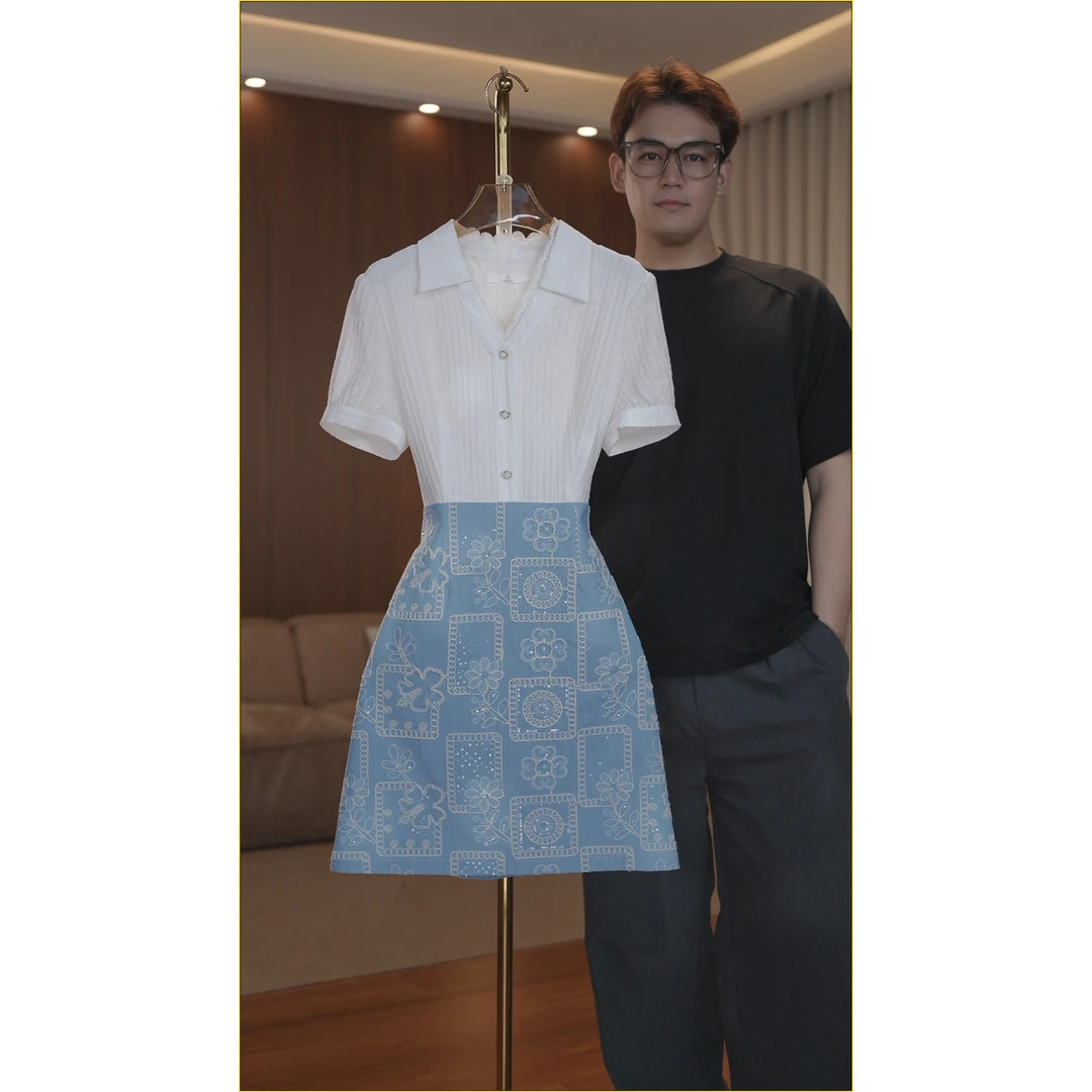 【现货现发】2034夏季新款气质短袖显瘦拼接连衣裙