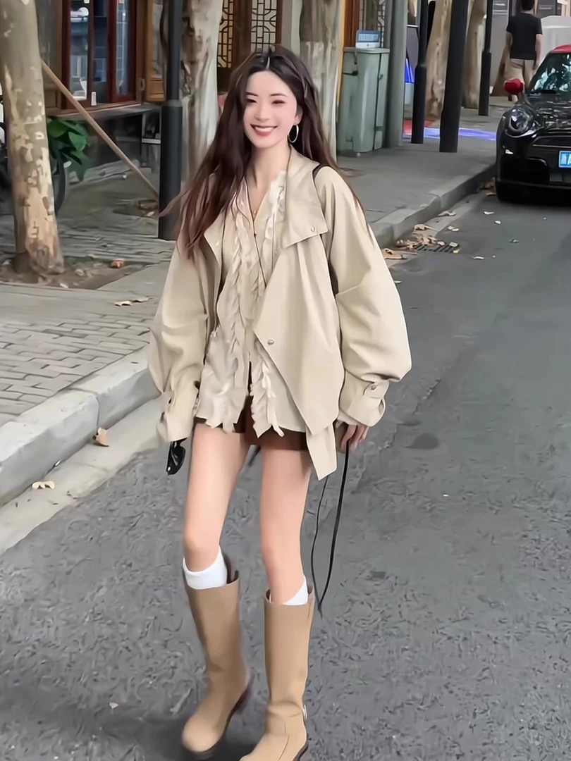 气质百搭立领修身风衣女2025年秋季新款韩系宽松显瘦浅卡其短外套