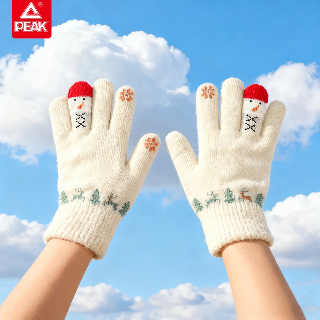 Peak/匹克冬季可爱雪人针织五指全包可触屏加厚保暖防寒加绒手套